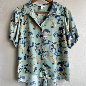 Nine West Sea Green Floral Print Balloon Sleeve Button Down